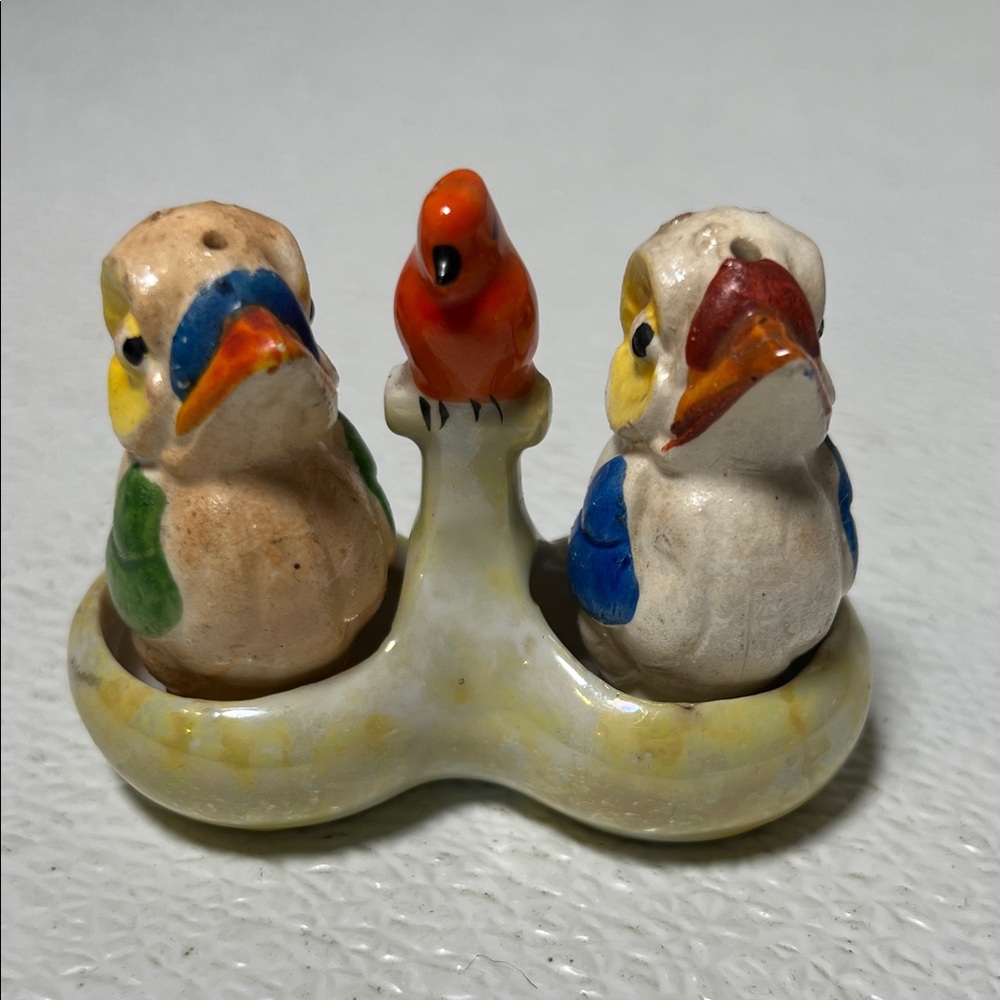 VIntage Ceramic Bird Salt and Pepper Set with Red Accent Hand Painted